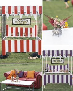 an outdoor event with red and white striped tents, couches, tables and decorations