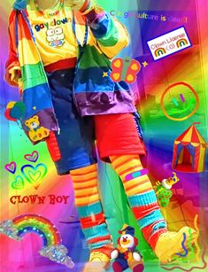 clowncore, rainbow, clothes Vintage Kidcore Outfits, Neon Kidcore Outfit, Dark Kidcore Outfit, Neon Core Outfit, Masc Clowncore Outfits, Weird Core Cosplay, Colorful Clown Outfit, Clowncore Outfit Ideas, Clown Core Clothes