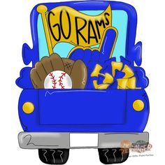 an image of a baseball in the back of a truck with go rams written on it