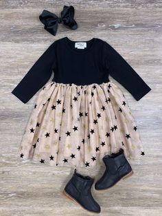 Black Stars & Cream Girls Special Occasion Chiffon Dress - Sydney So Sweet Long Sleeve Dresses For Fall Dress-up, Black Toddler Dress, Baby Girl Dresses Black, Toddler Black Dress, Baby Black Dress Infants, Toddler Winter Black Dress, Ohio Girls, Dance Tutus, Girls Special Occasion Dresses