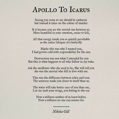 a poem written in black ink on white paper with the words,'apollo to icarus '