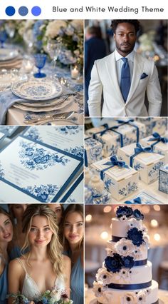 blue and white wedding theme collage