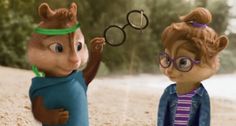 the chipmuns are playing with bubbles on the beach, and one girl is wearing glasses