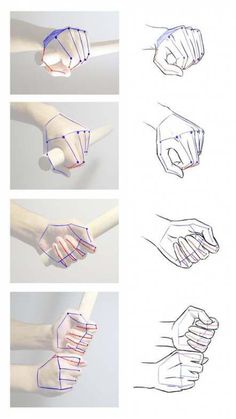 hands are shown with different lines and shapes in the same direction, including one hand holding something