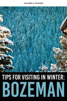 the front cover of a book with trees in the background and text tips for visiting in winter bozeman