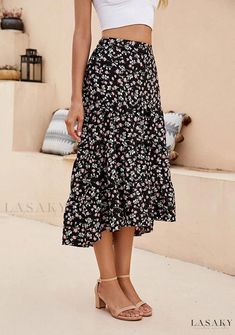 Lasaky - Floral Asymmetrical Hem Maxi Skirt with High Waist Elastic Band Asymmetrical Maxi Skirt, Midi Skirt Casual, Asymmetrical Midi Skirt, Cake Dress, High Waisted Maxi Skirt, Dress Stretch, Dress Cake, Floral Maxi Skirt, Black Stockings