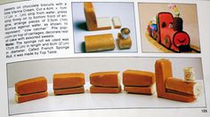 an open book with pictures of cakes and candies on it's pages, including instructions for how to make them