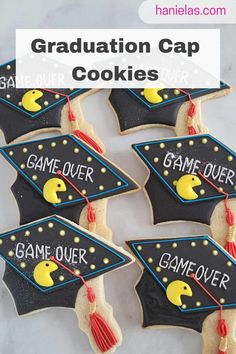 graduation cap cookies with game over written on them and the words, graduation cap cookies