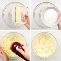 four pictures showing how to make cheesecakes in a bowl with butter and sugar