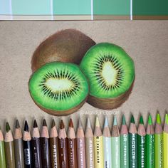 a drawing of two kiwis with colored pencils next to it