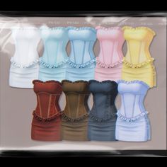 six different colored corsets in plastic bags