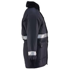 The Enhanced Visibility Siberian Jackoat is a fingertip length jacket with 2 inch 3M Scotchlite Reflective Tape around the chest, back and forearms to help keep you safe and more visible in low-light conditions. Comfort rated to -50°F, the jacket is perferct for cold-environment work or play. Flaps cover all the insulated, oversized pockets to protect contents while giving you a place to warm your hands. Durable Utility Outerwear For Winter, Insulated Long Sleeve Windbreaker For Cold Weather, Navy Windproof Functional Outerwear, Weatherproof Long Sleeve Navy Outerwear, Black Winter Outerwear For Protection, Black Winter Outerwear For Weather Protection, Navy Long Sleeve Weatherproof Outerwear, Functional Navy Outerwear For Cold Weather, Black Outerwear For Winter Weather Protection