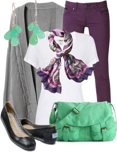 Purple pants are a hit!!! Thanks Nat for bringing purple in! :D  "Purple & Green" by qtpiekelso on Polyvore Designer Bag, Purple Green, Pants Outfit, Autumn Winter Fashion, Spring Outfits, Dress To Impress, Rush