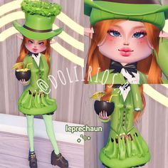 a girl with red hair wearing a green outfit and hat, holding a drink in her hand