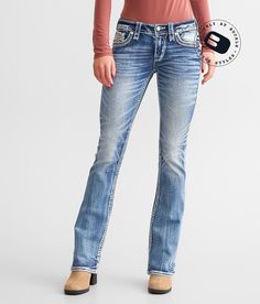 Rock Revival Nadine Low Rise Boot Stretch Jean - Blue 29/36, Women's Nadineb214 Low rise Slim through the hip and thigh 18 bottom opening Rhinestones on embroidered faux flap back pockets Destructed pocket and hem details. This quality denim is hand-finished for a unique look. It will wear like your favorite jeans, with each hole and tear continuing to destruct over time. You will love the comfort of this denim that has the look and feel of years of wear. . 99% Cotton 1% Elastane. Machine wash s Rock Revival Jeans Outfit, Rock Revival Jeans Women, Jean Fits, Revival Clothing, Clothing Board, Outfit Pieces, Womens Jeans Bootcut, Matching Mom, Flannel Women