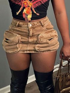 Denim Cargo Style Skirt | SHEIN USA Jean Skirts Outfit Black Women, Camo Skirt Outfit Black Women, Jean Skirt Outfits Black Women, Denim Skirt Outfit Black Women, Tan Skirt Outfit, Outfit Black Women, Plus Size Baddie Outfits, Camo Skirt, Fasion Outfits