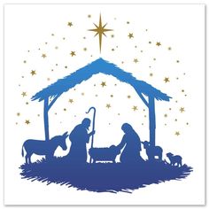 a nativity scene with the birth of jesus and three wise men in blue silhouettes