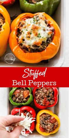 stuffed bell peppers in a baking dish with cheese and seasoning on top, then topped with ground beef