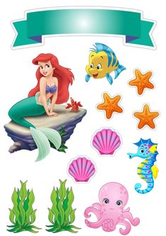 the little mermaid stickers are on display in front of an ocean scene with fish, starfish and octopus