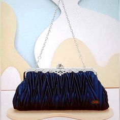 Navy Blue Satin Formal Evening Bag, Clutch, Purse, Hideable Silver Chain Strap, New In Package! Blue Handheld Evening Bag For Formal Occasions, Blue Handheld Bag For Formal Occasions, Blue Handheld Bags For Formal Occasions, Elegant Blue Shoulder Bag Clutch, Formal Blue Handheld Bag, Formal Blue Handheld Evening Bag, Elegant Blue Handheld Clutch, Navy Rectangular Shoulder Bag For Evening, Navy Rectangular Evening Shoulder Bag