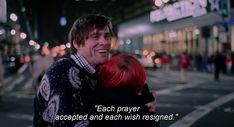 a man hugging a woman on the street with a quote about each prayerer accepted and each wish respected