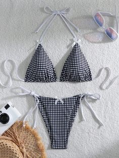 Sunset Charm Plaid Bikini With Bows – Sunset and Swim Lingerie Outfits, Swim Suits, Hair Clothes, Character Ideas