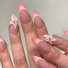 24pcs French Tip False Nails with White Flowers Floral Press on Nails Gradient Pink Yellow Long Almond, Nagel Tips, Nail Forms, Gradient Nails, Nail Length, Stick On Nails, False Nail, Artificial Nails, Nail Accessories