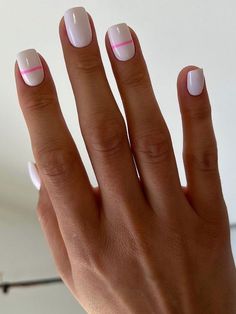 white square short nails with pink line accent White And Pink Manicure, Pink White Design Nails, White Nails Pink Accent, Short Nail Pink And White, White Manicure With Design, Gel Polish Nail Designs White, Pink And White Spring Nails, White Nails With Pink Accent, White Nails 2023 Trends