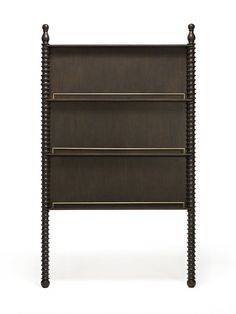 an iron and wood three - tiered bookcase against a white background with no one in it