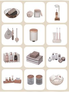 bathroom items displayed on white background with brown and beige accents, including soaps, toothbrushes