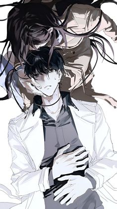 an anime character with long black hair holding his arm around another character's shoulder