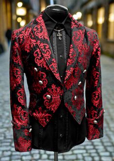 Shrine of Hollywood IMPERIAL JACKET - RED ON BLACK VELVET BROCADE brocade formal goth gothic jacket long sleeve Men's Jackets new tapestry vampire victorian Luxurious Dinner, Vampire Clothes, Gold Suit, Daemon Targaryen, Formal Jacket, Burgundy Suit, Goth Wedding, Steampunk Clothing, Brocade Fabric