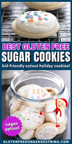 a glass cookie jar filled with decorated sugar cookies Gluten Free Xmas Cookies, Gluten Free Icing, Dairy Free Christmas Cookies, Dairy Free Sugar Cookies, Gluten Free Christmas Recipes