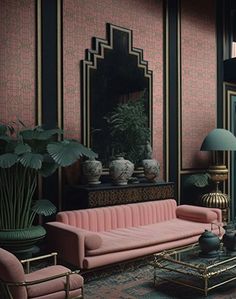 a living room filled with pink couches and green plants in front of a mirror