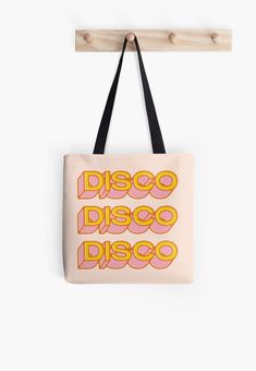 Soft polyester canvas shopping bag with edge-to-edge print on both sides. Fully lined for extra strength. Three sizes to choose from. Funky Disco lovers gift. Awesome colorful retro vintage typography design for people who love to boogie, 70’s, 80's or 90’s rave, old school party fever. Retro Bags With Graphic Print For Daily Use, Retro White Bags With Letter Print, Retro White Bag With Letter Print, Retro Rectangular Bag With Letter Print, Retro Everyday Bag With Letter Print, White Retro Bags With Graphic Print, Old School Party, Vintage Typography Design, John Boy