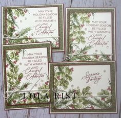 four cards with holly and berries on them