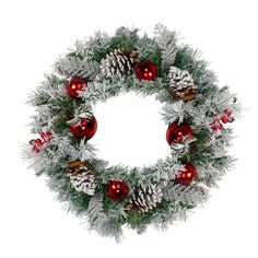 a christmas wreath with pine cones and red ornaments on white background, isolated from the front view