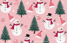 a pink background with snowmen and christmas trees