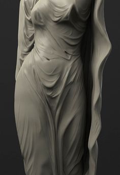 a statue is shown in black and white, with long flowing fabric on it's body