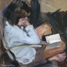 a painting of a man reading a book while sitting in a chair with his head down