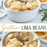 two pictures of different types of food in white bowls with spoons and napkins