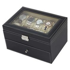 Fits 10 Watches Color: Black Material: Leatherette Exterior; Plush Velour Interior Dimensions: 28.5 x 20 x 15 cm SKU: wb63  This watch box features a sleek black exterior with white stitching and plush light grey interior. This case is ideal for keeping your watches secure and organised at home with its 10 watch slot design. It also includes a drawer to store your jewelry and accessories.     Please note: Due to the size of this item, free shipping is not available. The shipping cost will be cal Leather Watch Box, At Home Abs, Sunglasses Box, Watch Organizer, Watch Storage Box, Watch Boxes, Watch Storage, Watch Display, Beautiful Watches