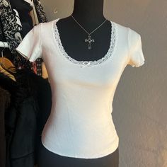 Size: Small/ Xs Perfect Condition Brand New Shirts With Lace Designs, Brandy Lace Top, White Cute Shirt, Dainty Shirts, Downtown Shirts, Lace Top Aesthetic, 1960s Tops, White Shirt Y2k