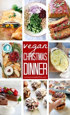 vegan christmas dinner collage with images of different foods and desserts on plates