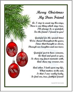 merry christmas poem with three red ornaments hanging from a tree branch and evergreen leaves in the background