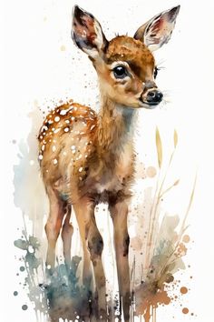 a watercolor painting of a baby deer standing in the grass with it's eyes open