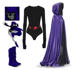 the costume is purple and black with red balls on her chest, long sleeves, and high heeled boots