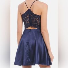 Nwt B Darling Satin Lace Back Mini Dress Junior Size 11-12 Navy Blue Blue Lace Trim Dress For Prom, Blue Lace Trim Prom Dress, Blue Prom Dress With Lace Trim, Blue Satin Dress With Lace Trim, Confetti Dress, Sequin Long Dress, Junior Party Dresses, Formal Prom Dresses Long, Blue Summer Dresses