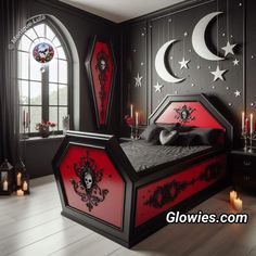 a bedroom decorated in black and red with skulls on the bedspread, stars and moon decorations