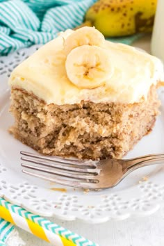 a piece of banana cake on a plate with a fork